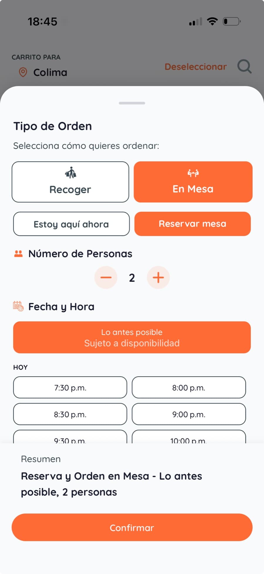 Selector de tipo de orden en Pickato: recoger, en mesa o reservar mesa